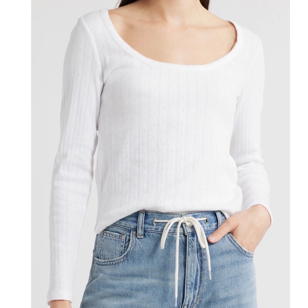 Madewell Women White Pointelle Rib Knit Scoop Neck Long Sleeve Top Size M